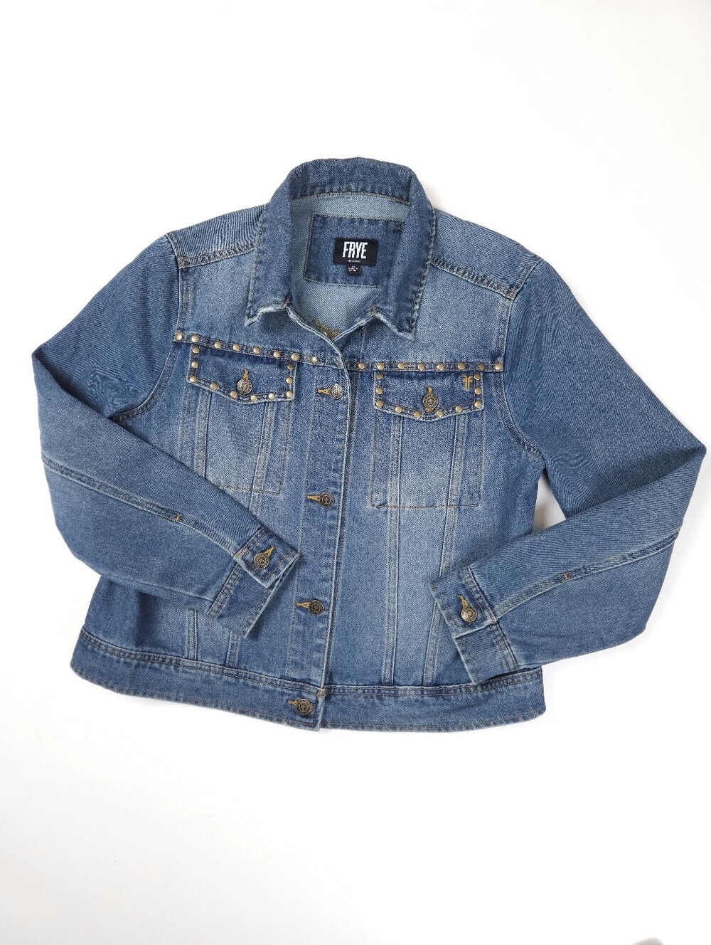 Frye Bronze Studded Blue Riveted Denim Jean Jacket Women's Medium